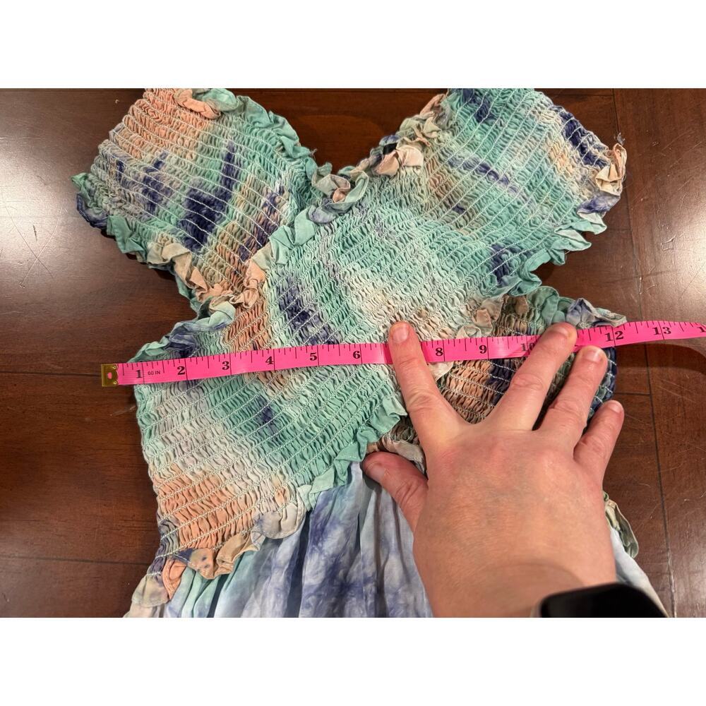 AQUA Tie Dye Maxi Dress Size Small Blue Green Smocked Ruffle Boho Side Slit - Picture 5 of 7